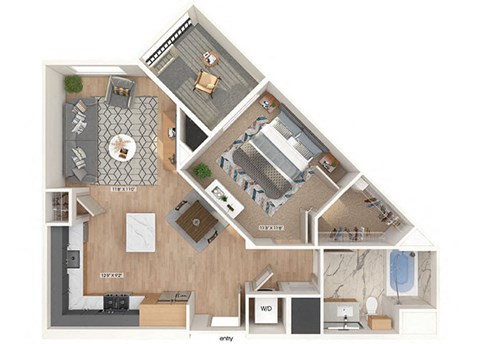 Floor plan for 1 bed, 1 bath, 704 sqft